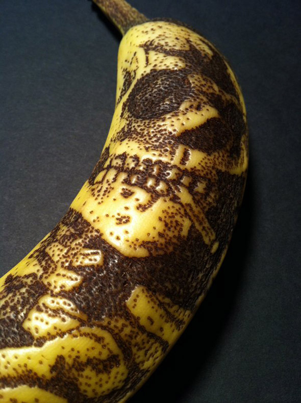 Single needle banana tattoo on the bicep: “Growing up